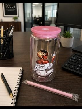 Pink Lid Glass Drinkware Tumbler with Straw - Make Yourself a Priority